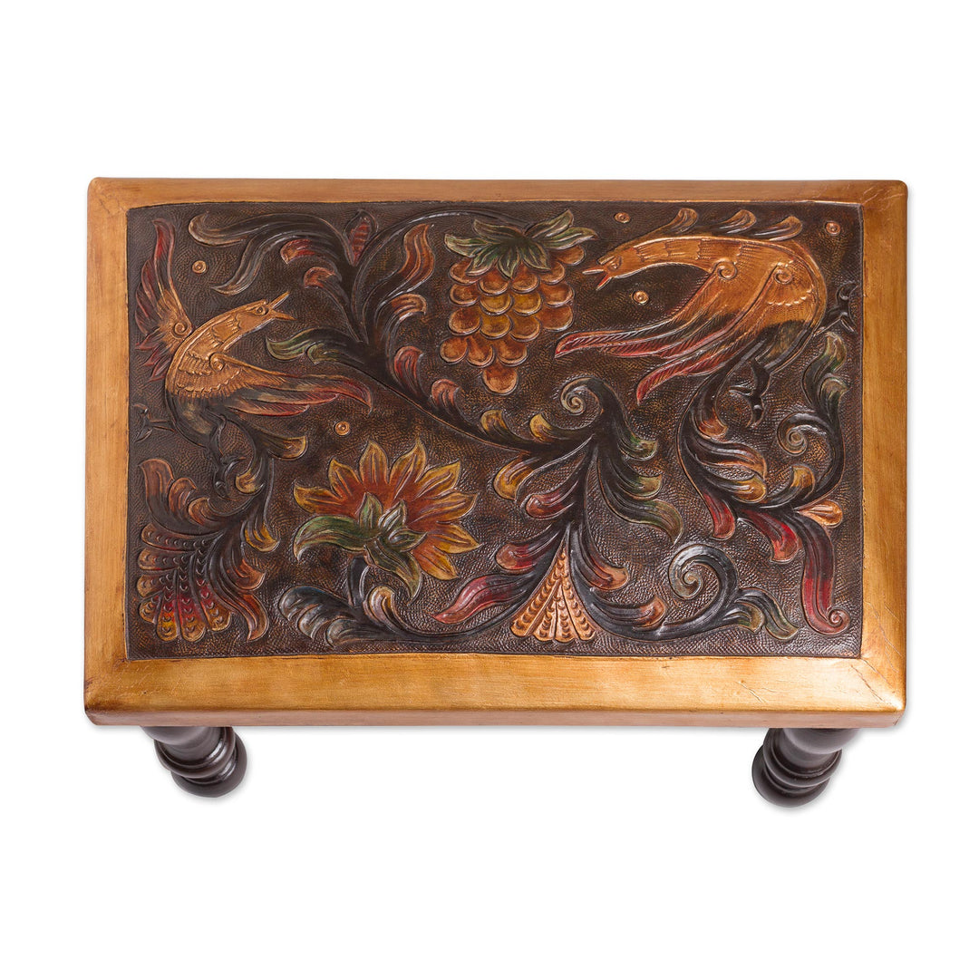 Bird-Themed Leather and Wood Ottoman from Peru - World of Birds