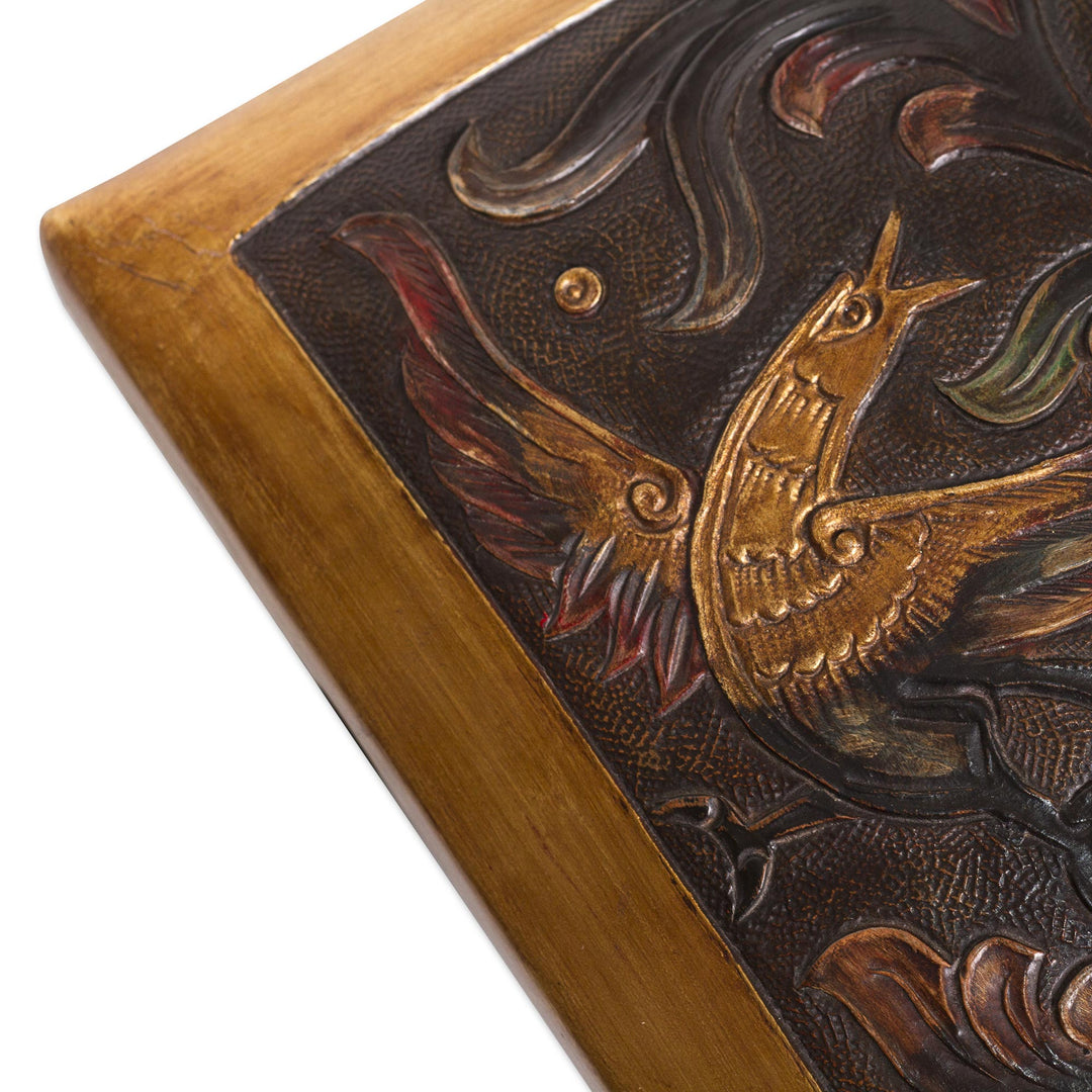 Bird-Themed Leather and Wood Ottoman from Peru - World of Birds