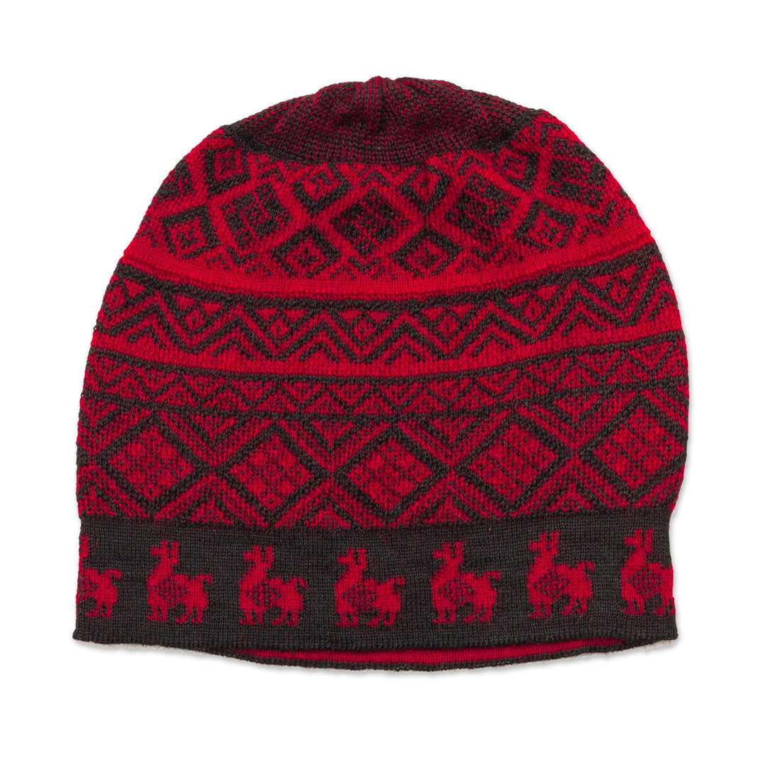Black and Crimson Red Diamond Motif Alpaca Blend Knit Hat - Alpaca Parade in Red