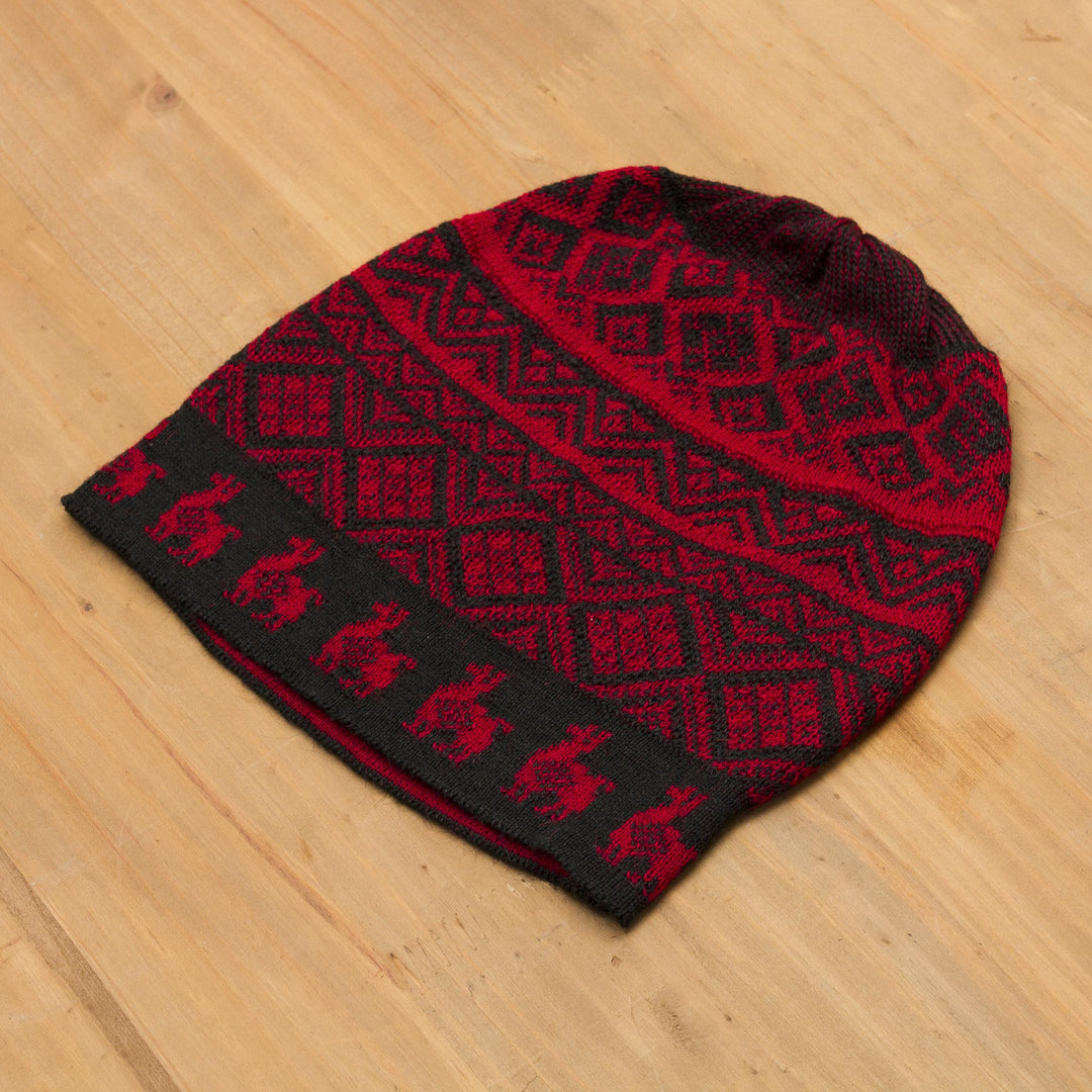 Black and Crimson Red Diamond Motif Alpaca Blend Knit Hat - Alpaca Parade in Red