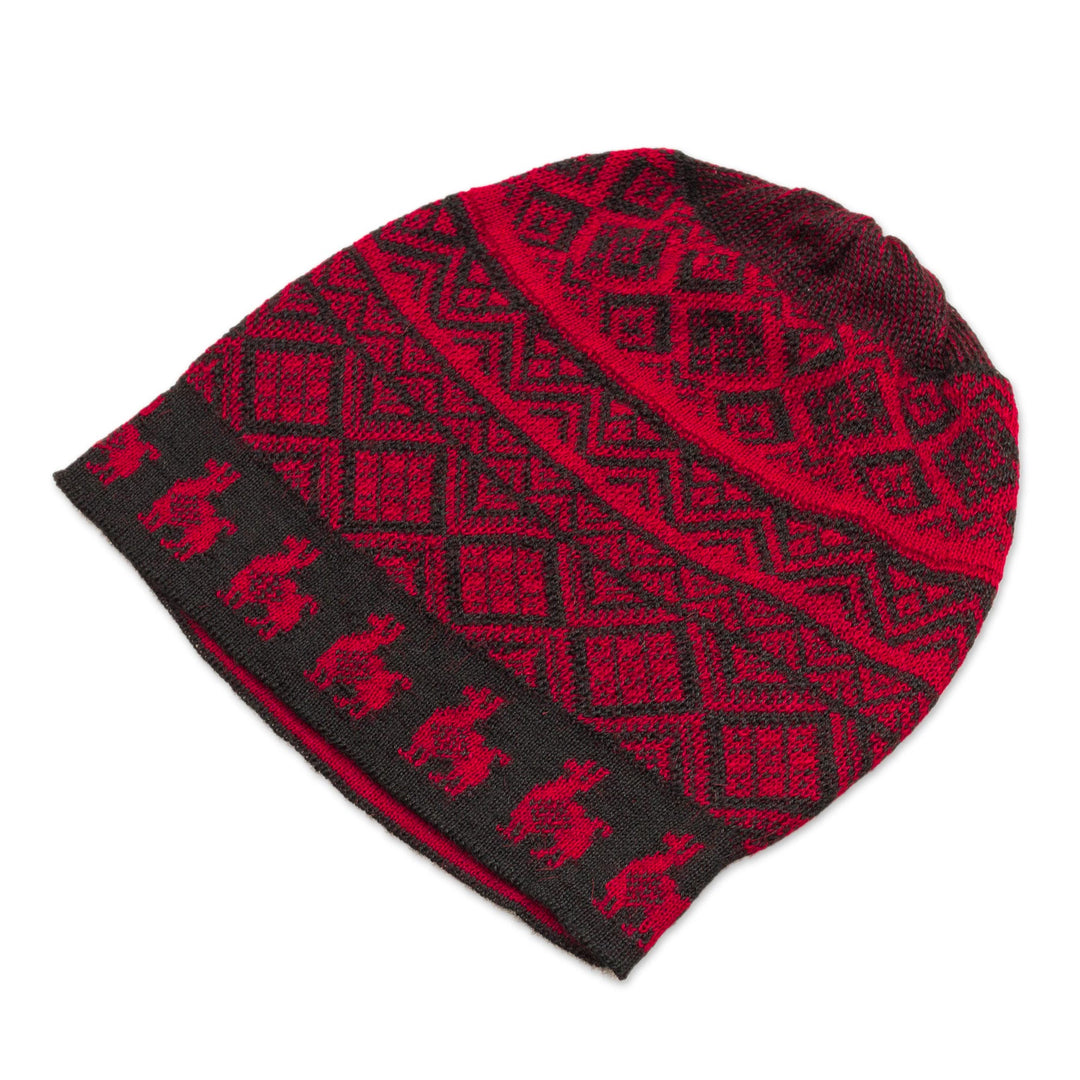 Black and Crimson Red Diamond Motif Alpaca Blend Knit Hat - Alpaca Parade in Red