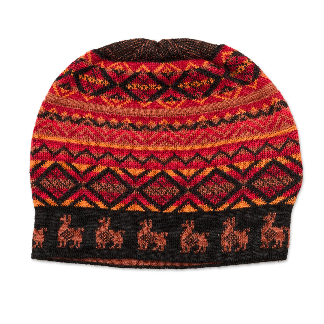 Black Red and Orange Diamond Motif Alpaca Blend Knit Hat - Alpaca Sunset