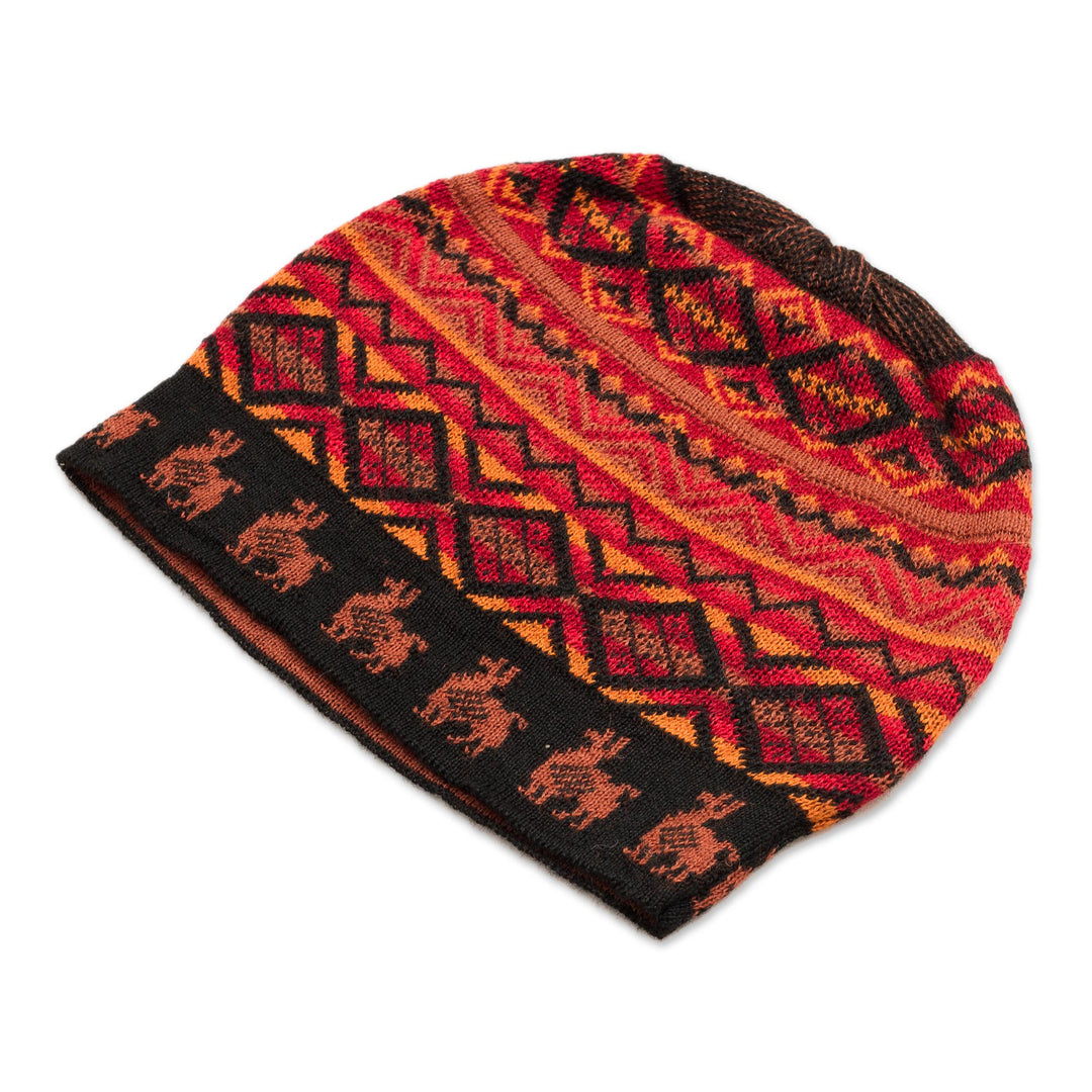 Black Red and Orange Diamond Motif Alpaca Blend Knit Hat - Alpaca Sunset