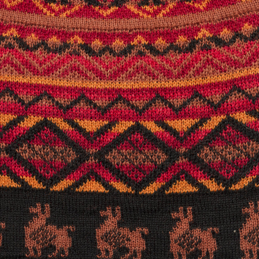 Black Red and Orange Diamond Motif Alpaca Blend Knit Hat - Alpaca Sunset