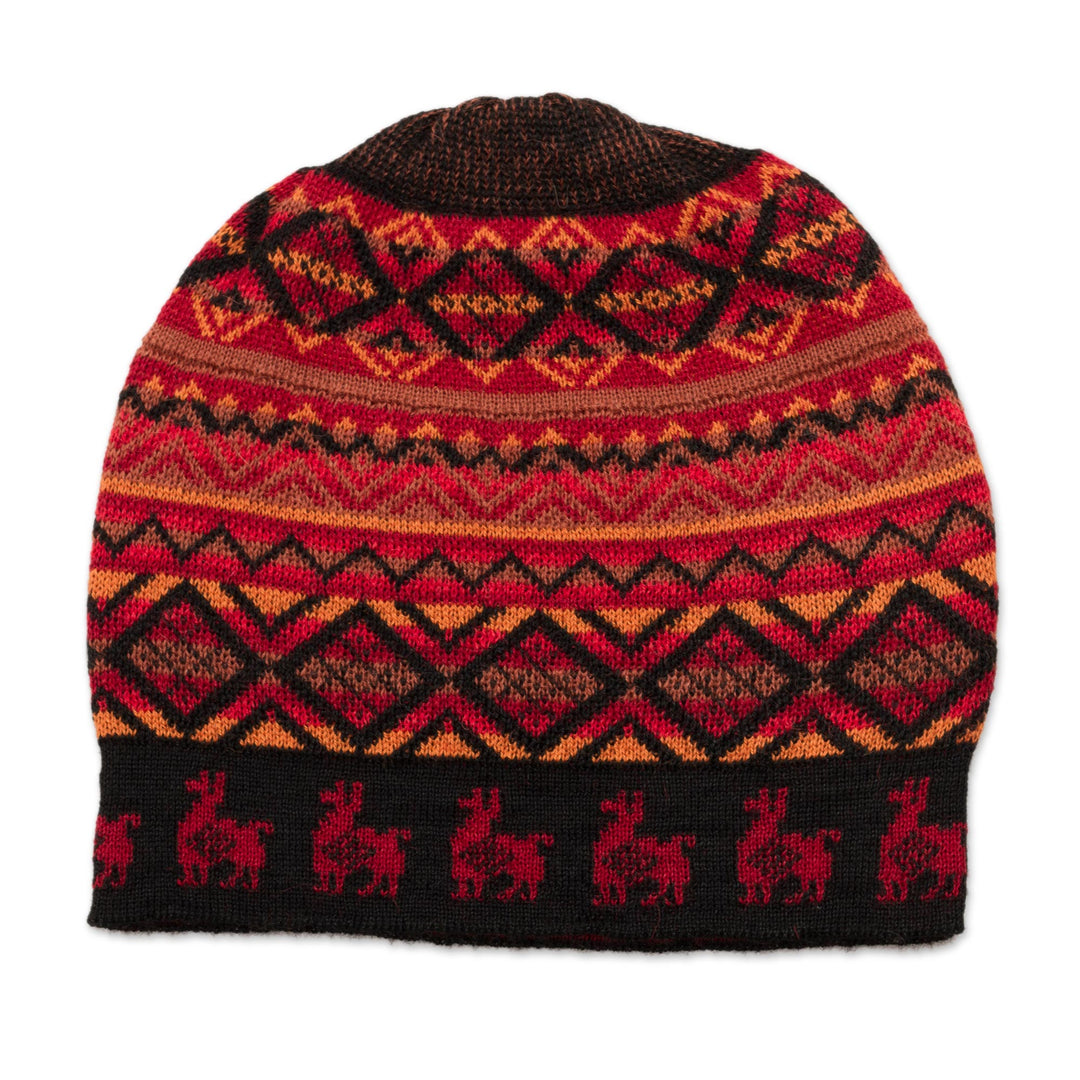 Red and Orange on Black Diamond Motif Alpaca Blend Knit Hat - Alpaca Sunrise