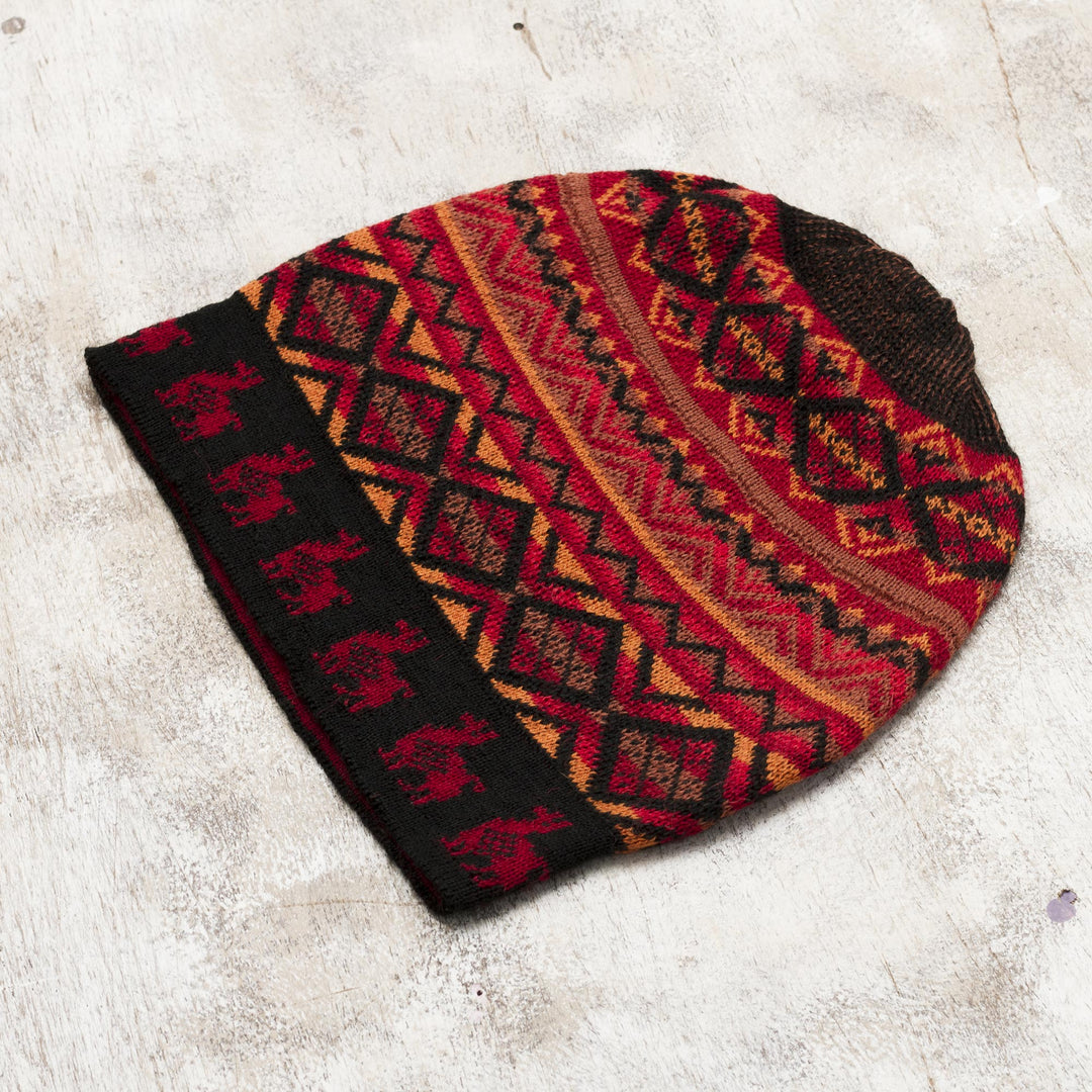 Red and Orange on Black Diamond Motif Alpaca Blend Knit Hat - Alpaca Sunrise