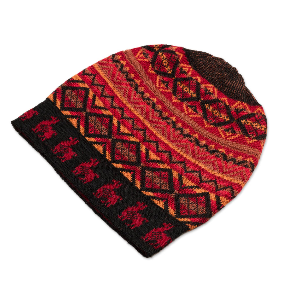 Red and Orange on Black Diamond Motif Alpaca Blend Knit Hat - Alpaca Sunrise