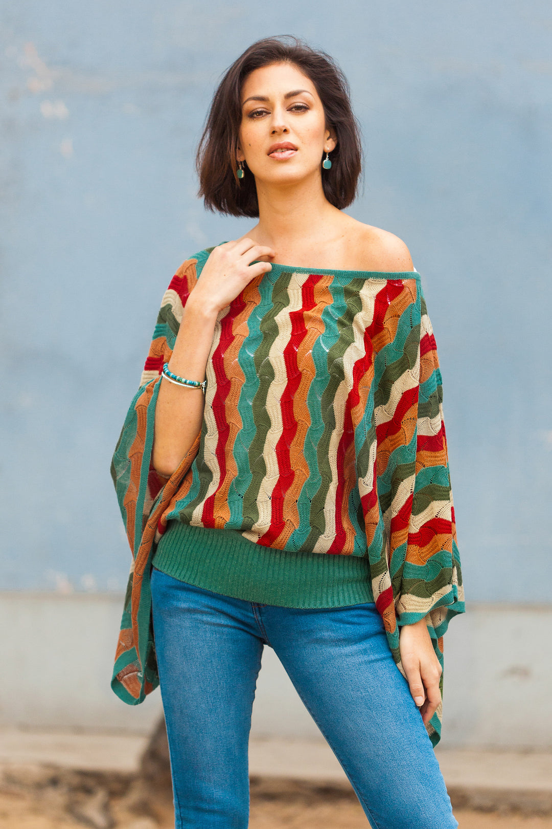 Green and Scarlet Vertical Stripe Alpaca Blend Sweater - Tropical Heatwaves