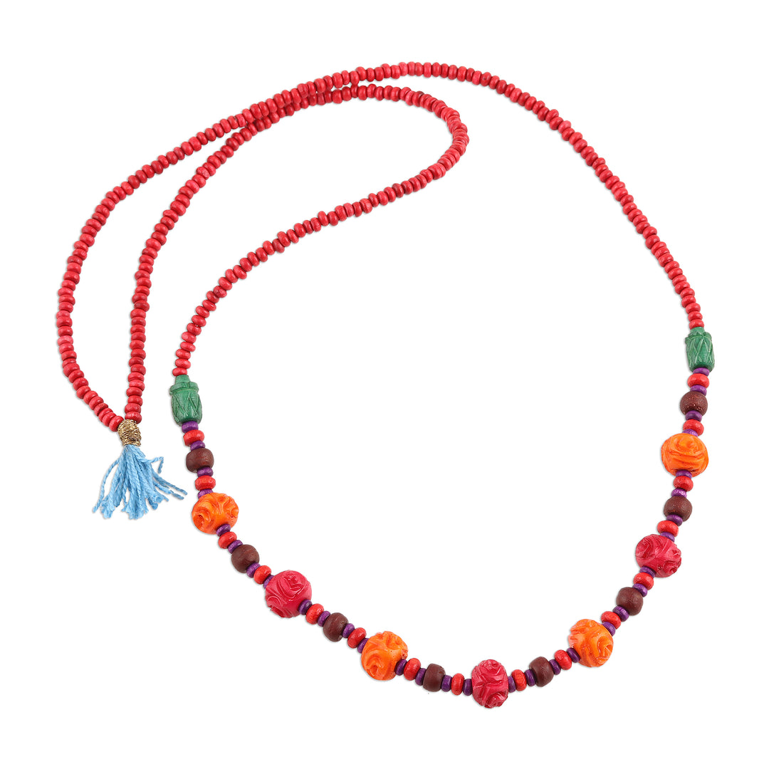 Colorful Wood Beaded Long Necklace from India - Boho Rose