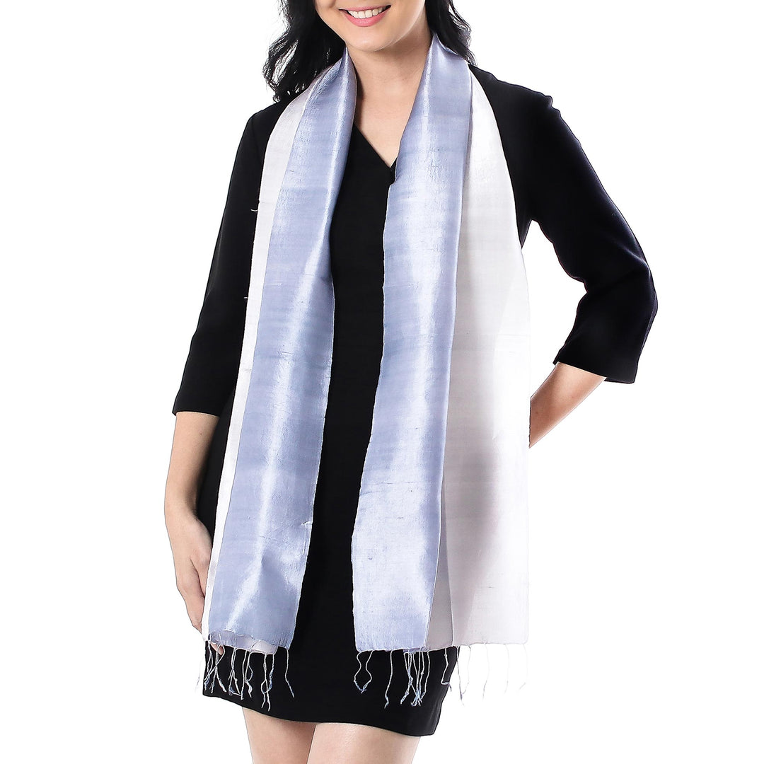 Ombre Grey Silk Scarf with Fringe from Thailand - Silvery Glow