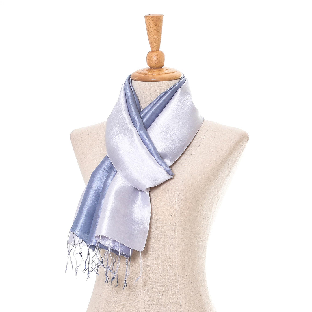 Ombre Grey Silk Scarf with Fringe from Thailand - Silvery Glow