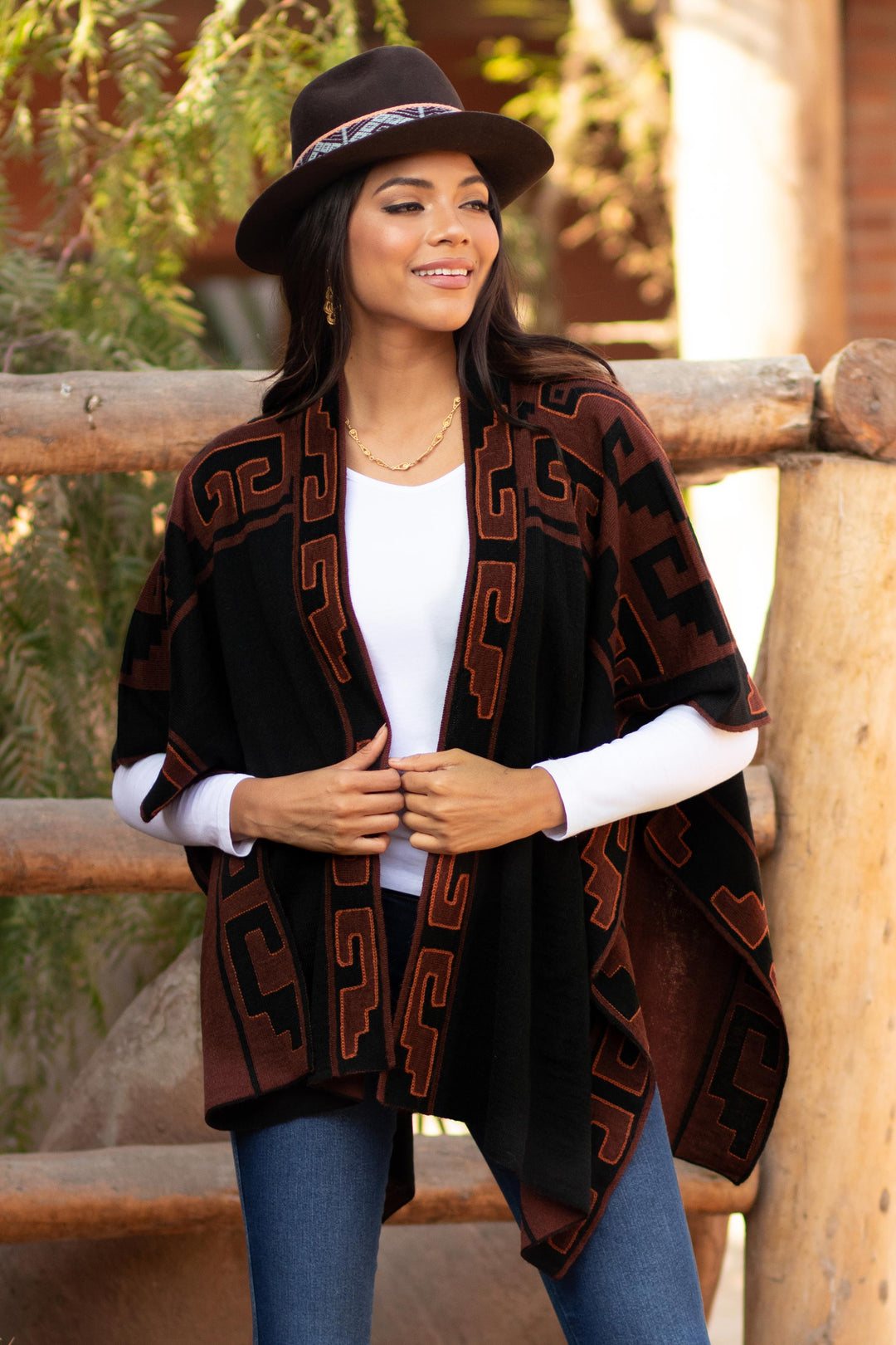 Mahogany and Black Alpaca Blend Ruana from Peru - Inca Afternoon in Black