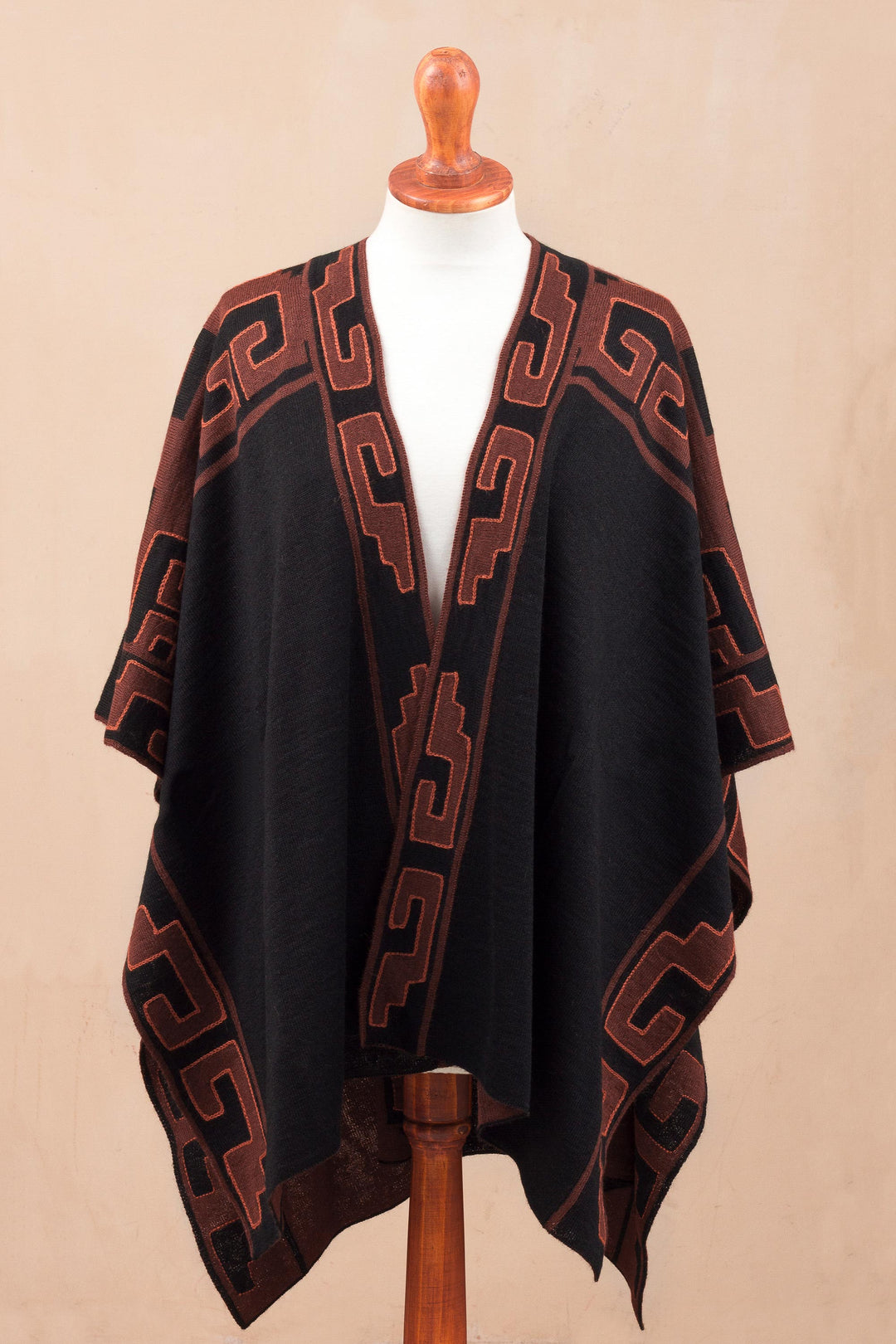 Mahogany and Black Alpaca Blend Ruana from Peru - Inca Afternoon in Black