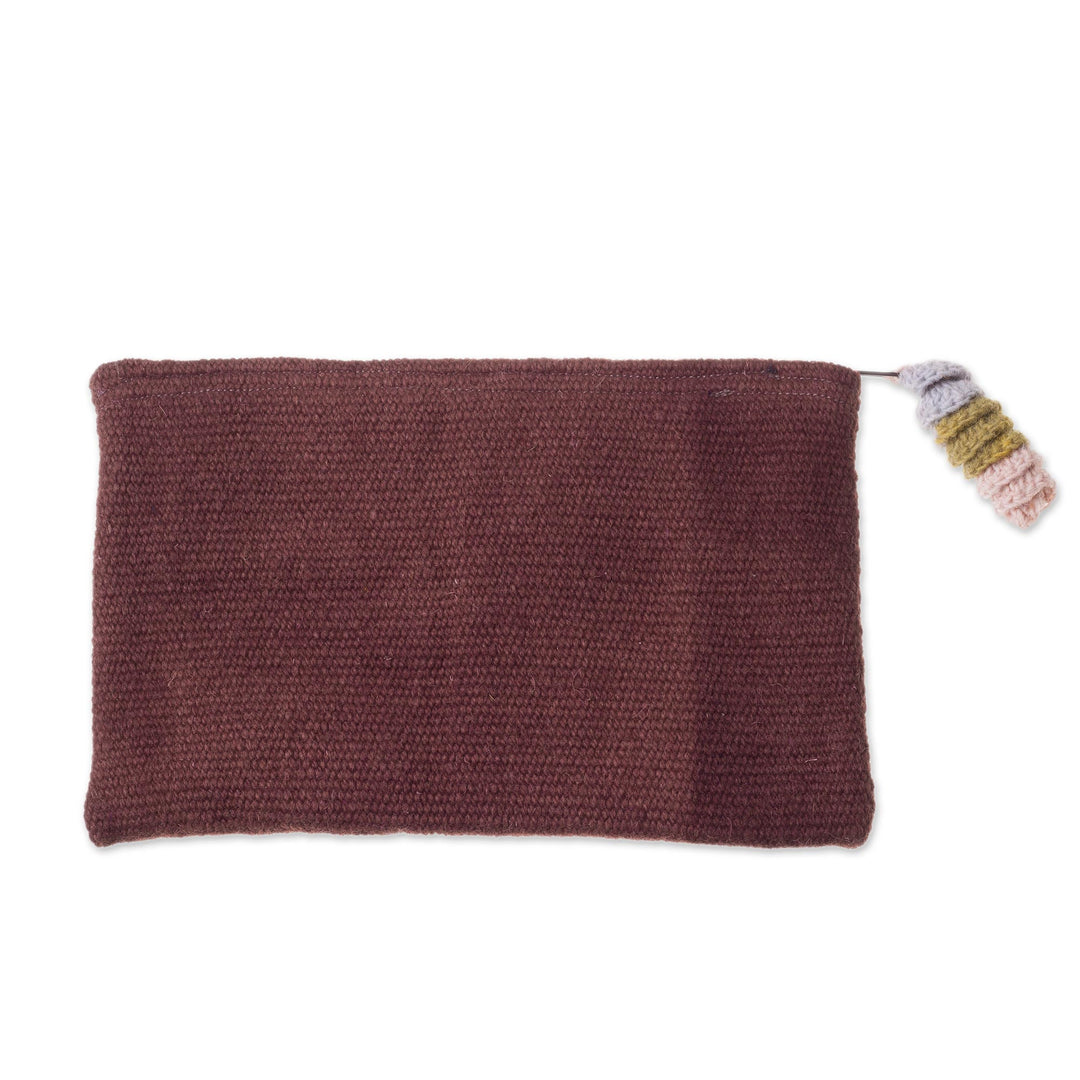 Handwoven Floral Wool Clutch in Mahogany from Peru - Peruvian Bouquet