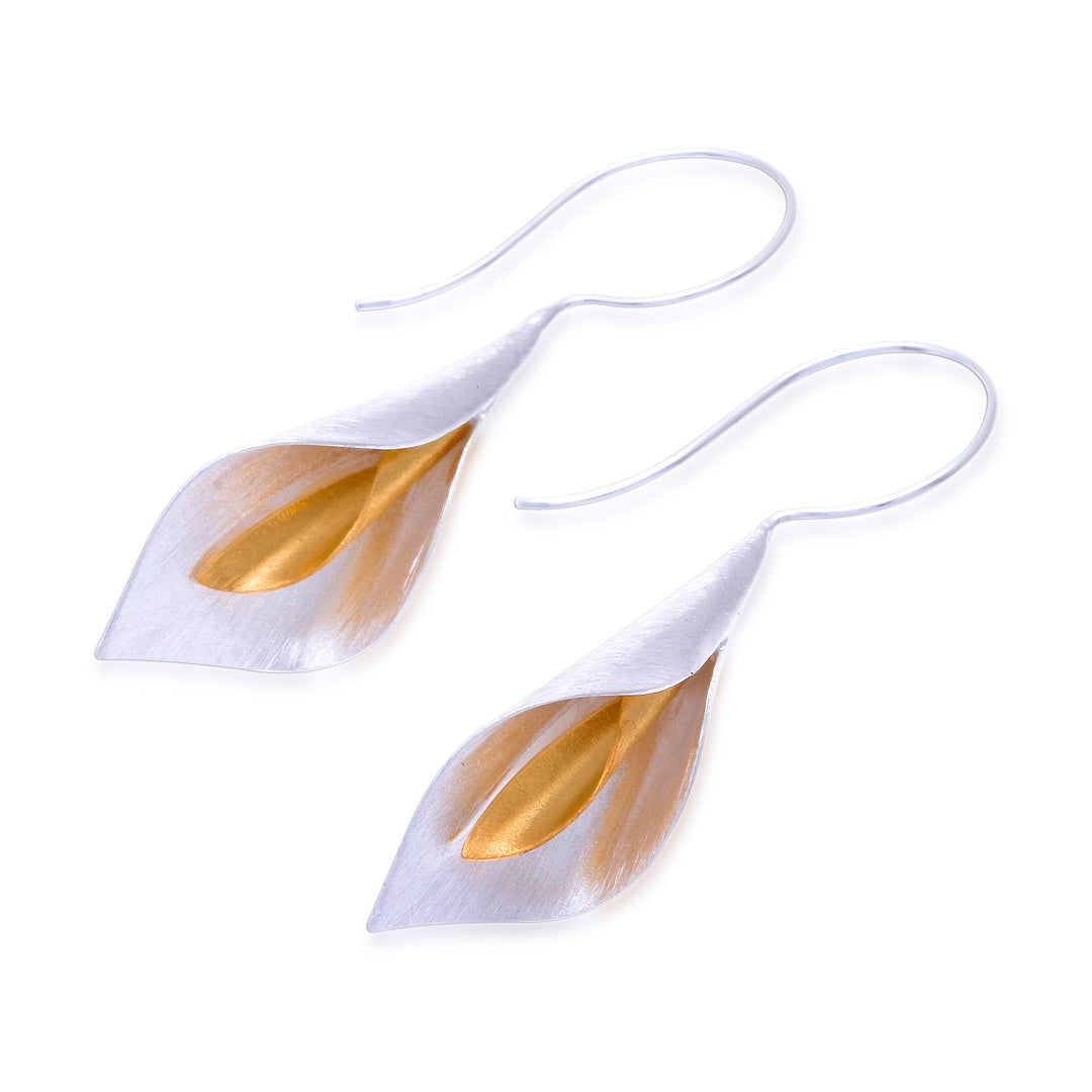 Floral Theme Handmade Gold Accented Sterling Silver Earrings - Serene Lily