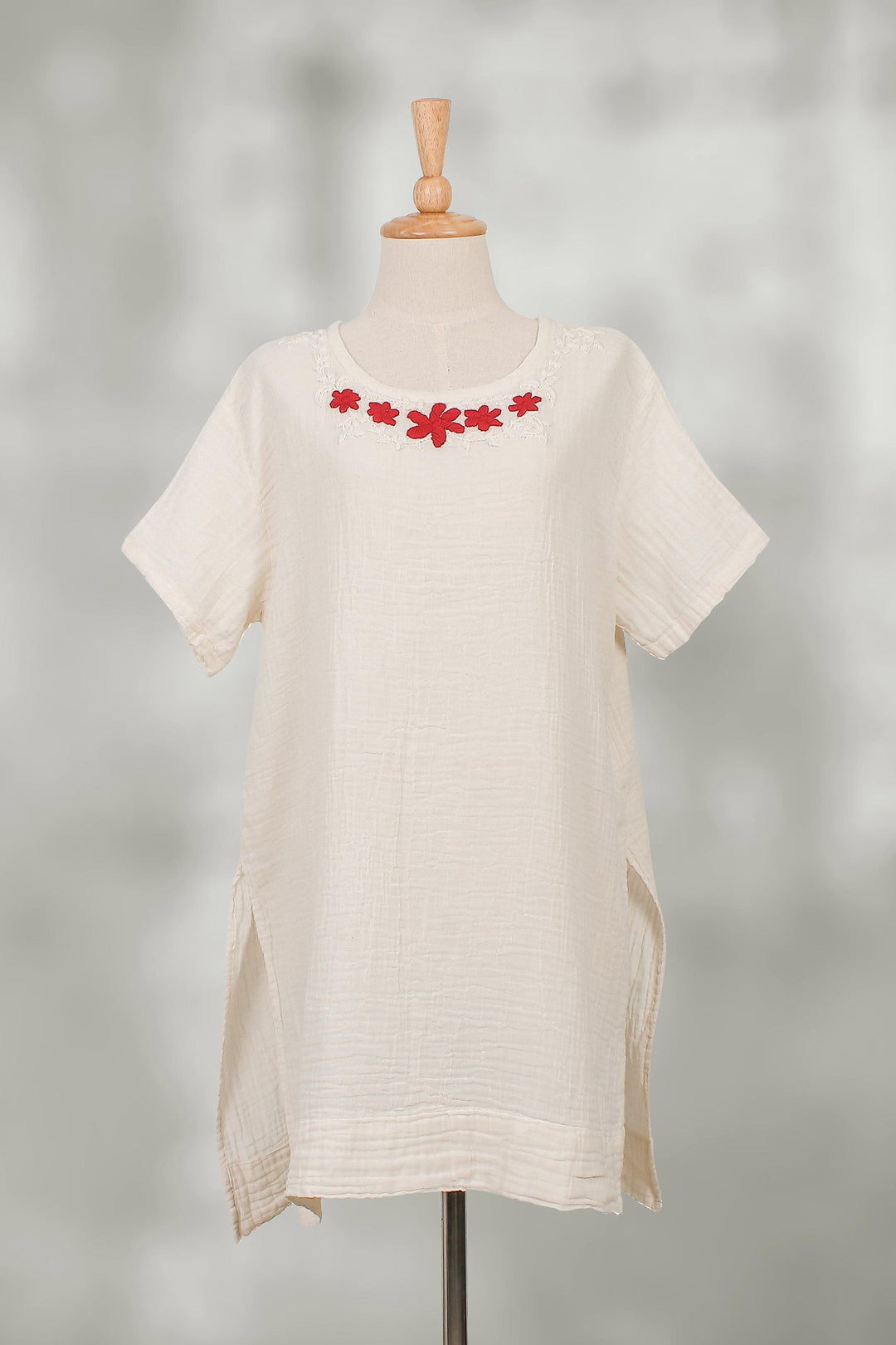 Floral Cotton Tunic in Alabaster from Thailand - Posy Bliss in Alabaster