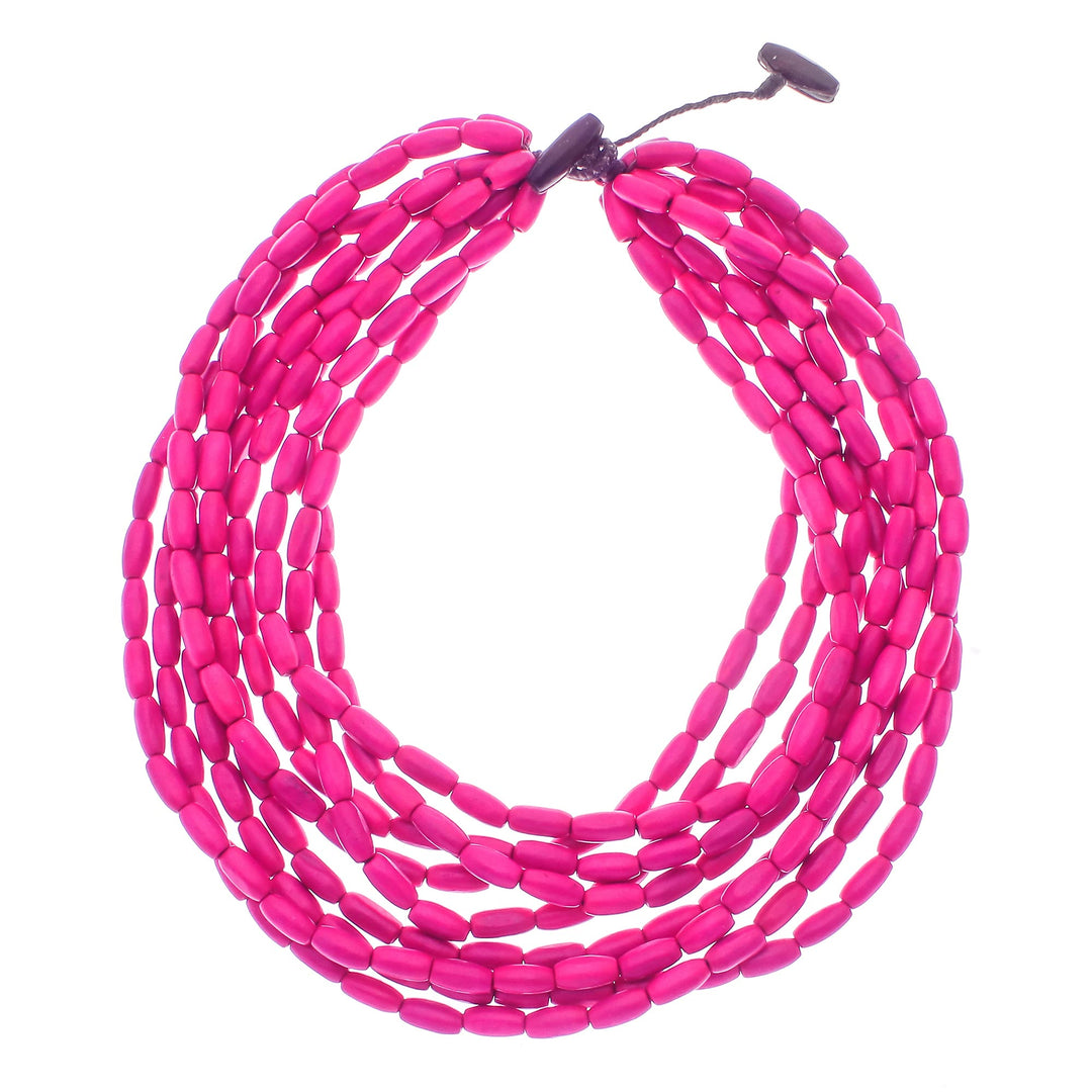 Wood Beaded Strand Necklace in Fuchsia from Thailand - Cute Boho in Fuchsia