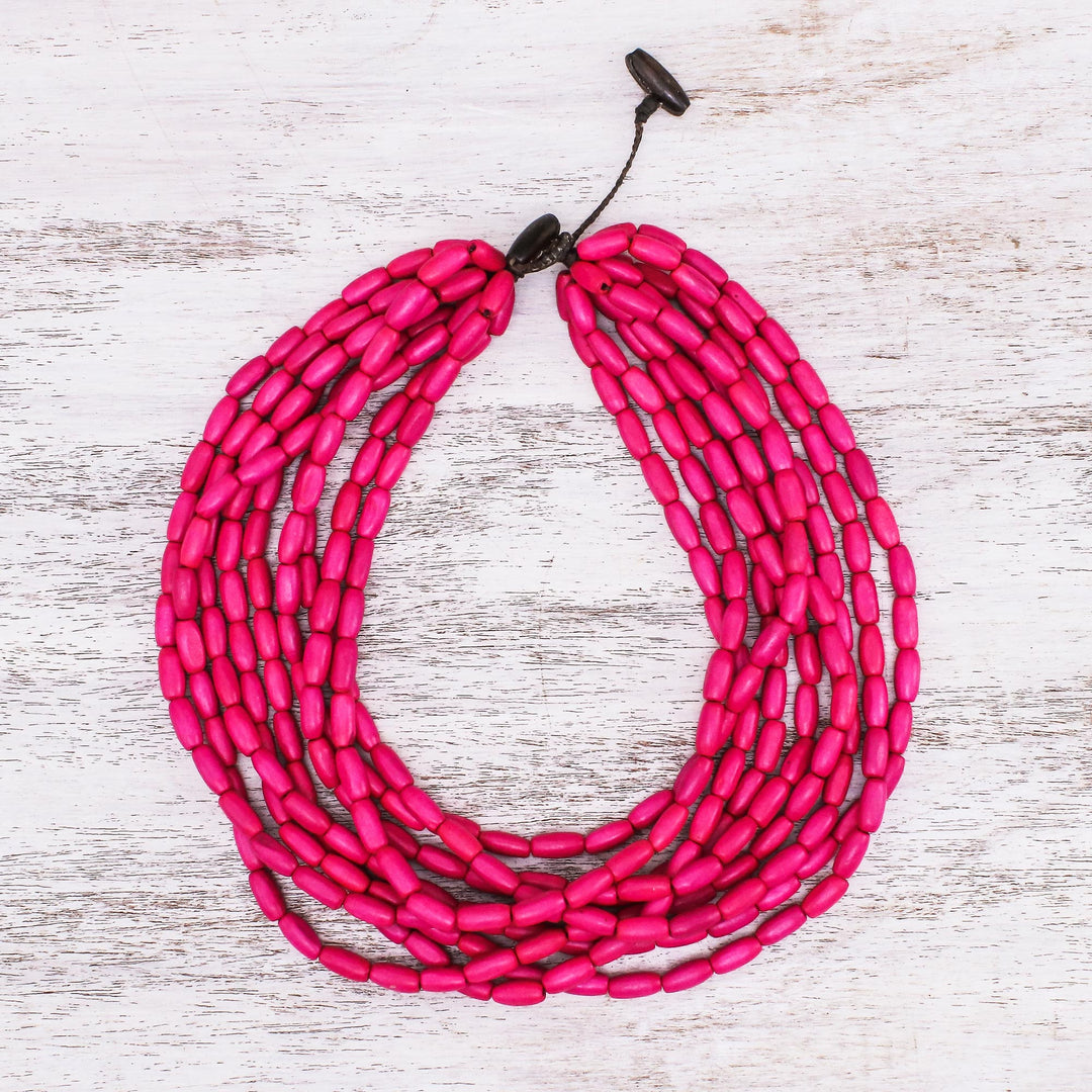 Wood Beaded Strand Necklace in Fuchsia from Thailand - Cute Boho in Fuchsia
