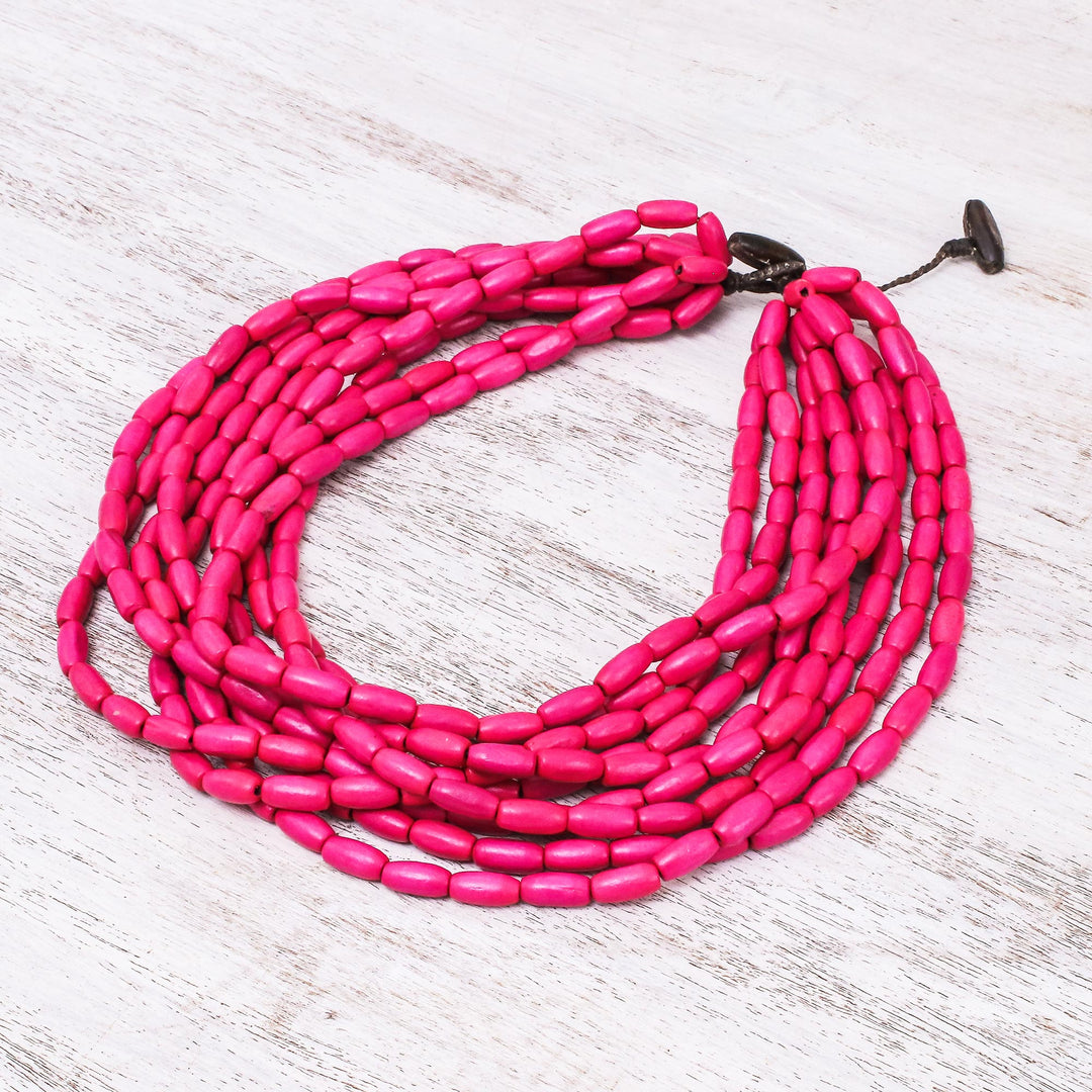 Wood Beaded Strand Necklace in Fuchsia from Thailand - Cute Boho in Fuchsia
