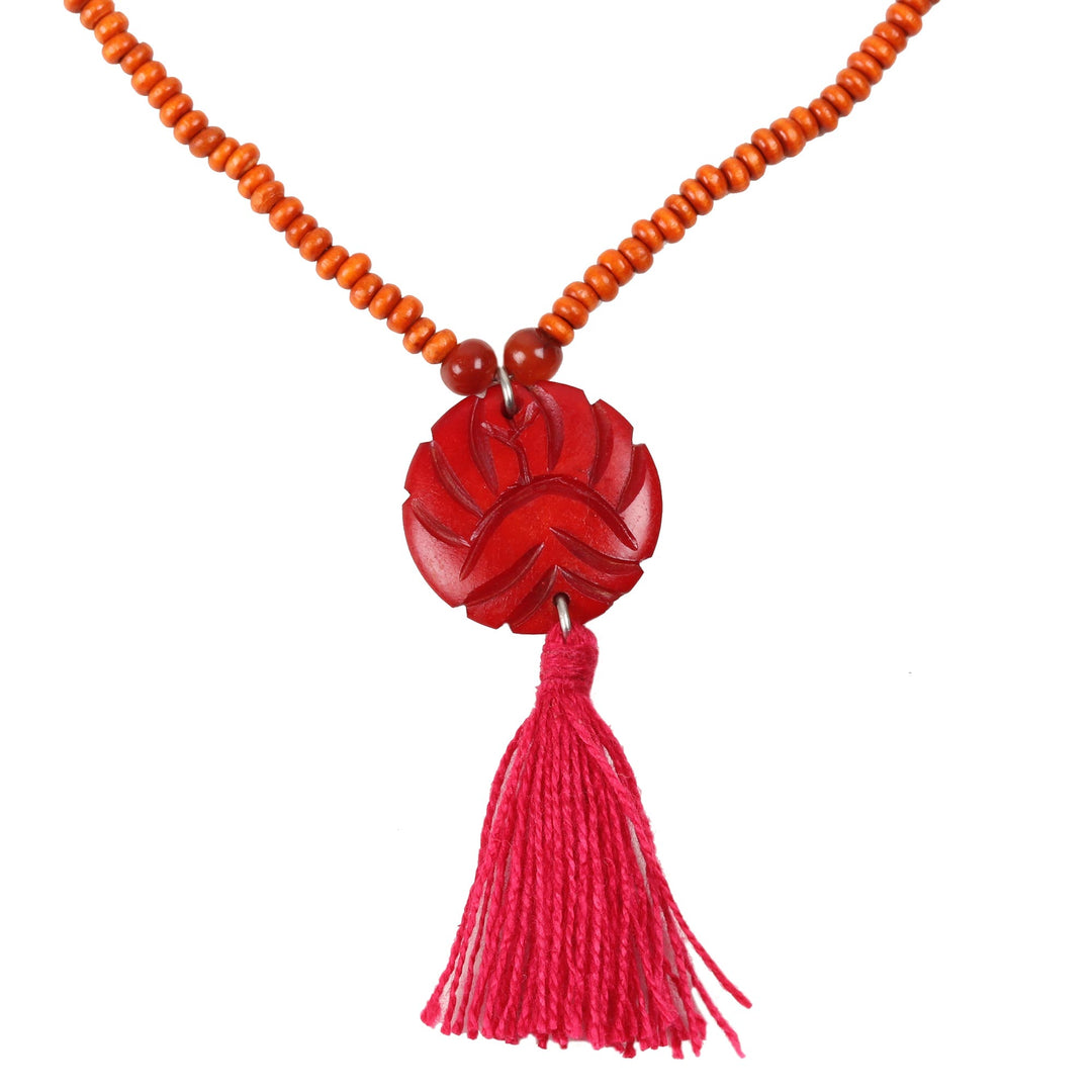 Wood Beaded Medallion Necklace in Red from India - Glorious Medallion