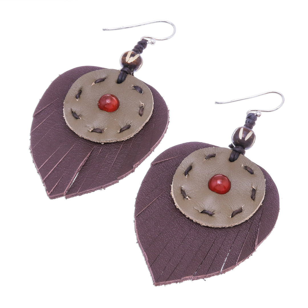 Carnelian and Handcrafted Leather Dangle Earrings - Aurora Leaves