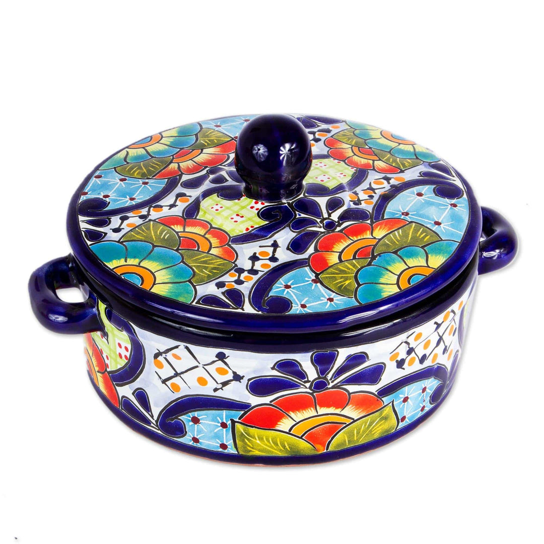 Mexican Talavera Style Ceramic Tortilla Container and Lid - Raining Flowers