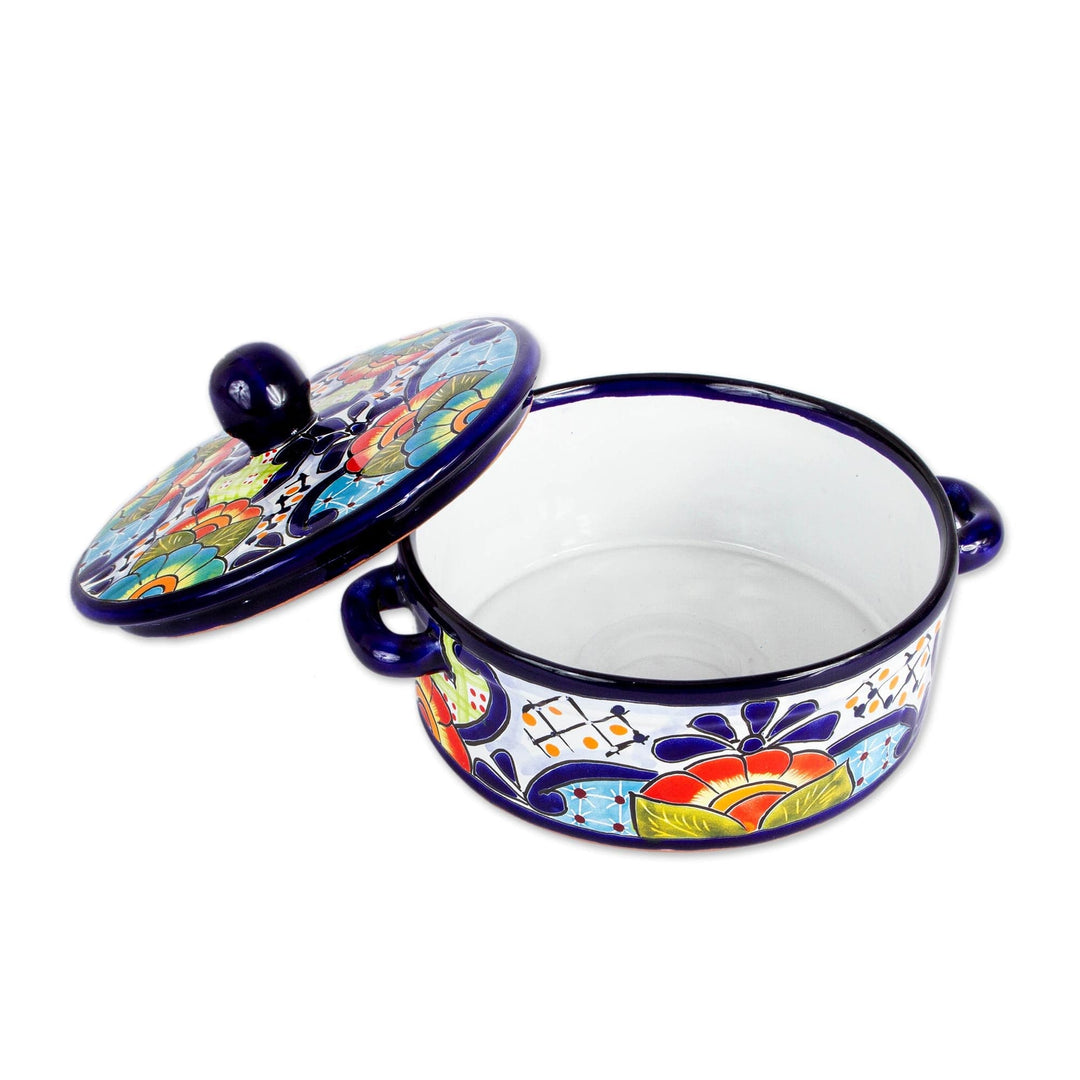 Mexican Talavera Style Ceramic Tortilla Container and Lid - Raining Flowers