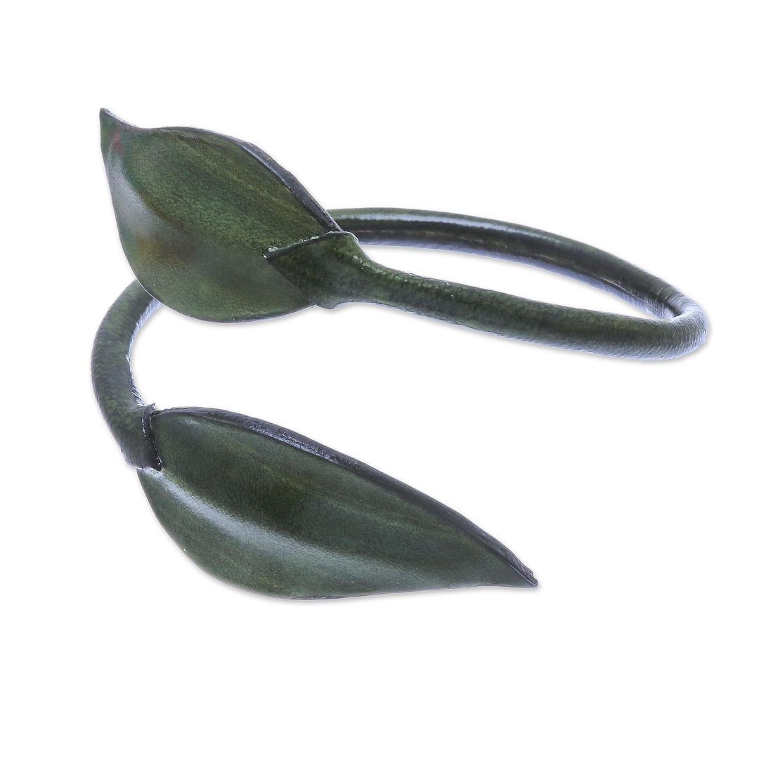 Leafy Leather Wrap Bracelet in Olive from Thailand - Forest Embrace in Olive