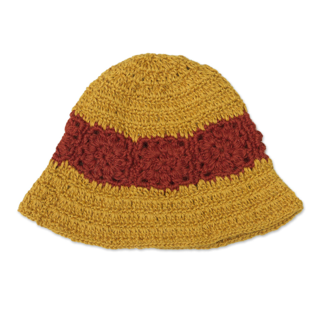 100% Alpaca Yellow and Red Hand Crocheted Flared Brim Hat - Harvest Field