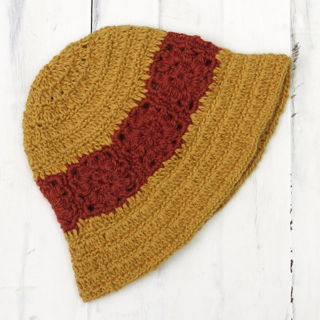 100% Alpaca Yellow and Red Hand Crocheted Flared Brim Hat - Harvest Field