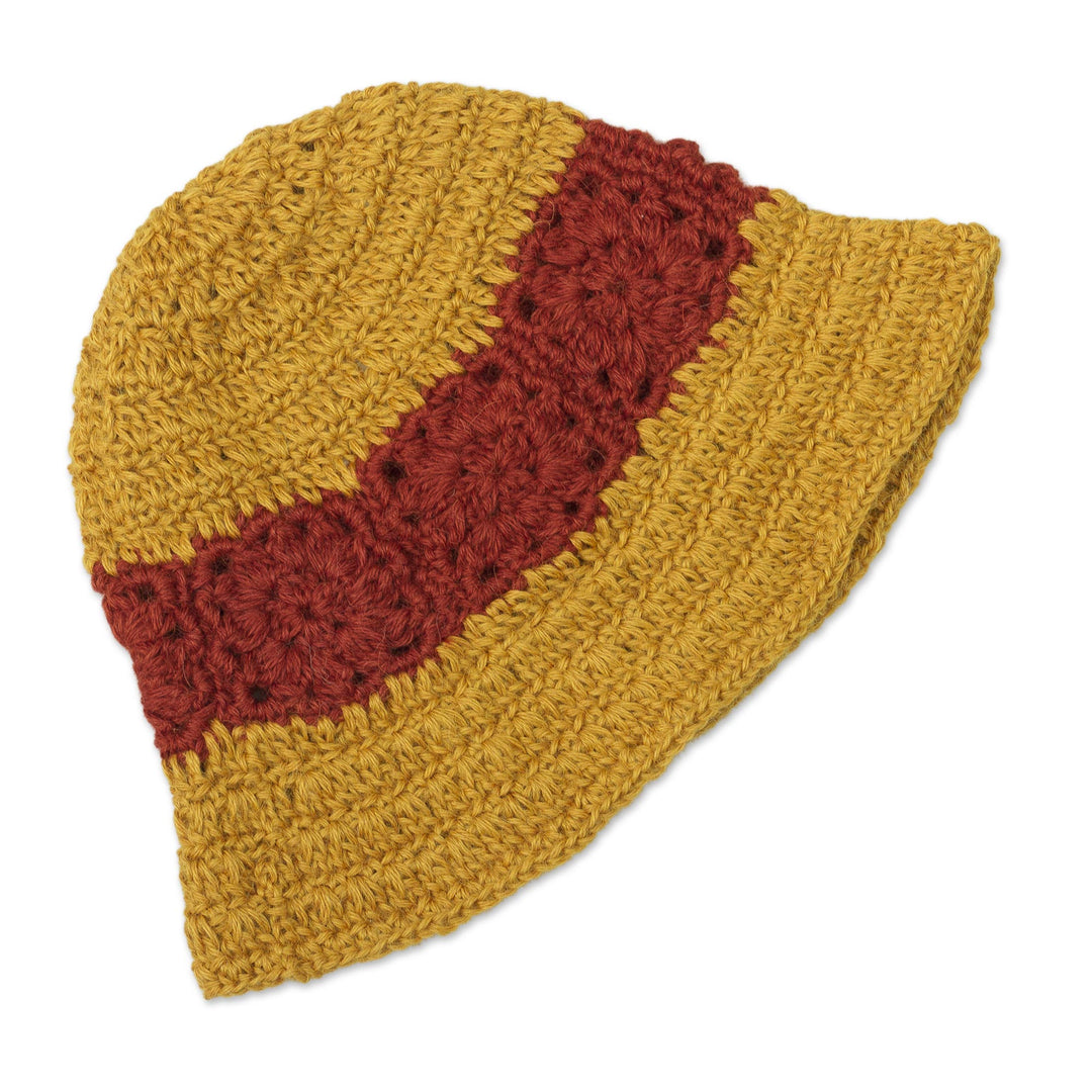 100% Alpaca Yellow and Red Hand Crocheted Flared Brim Hat - Harvest Field