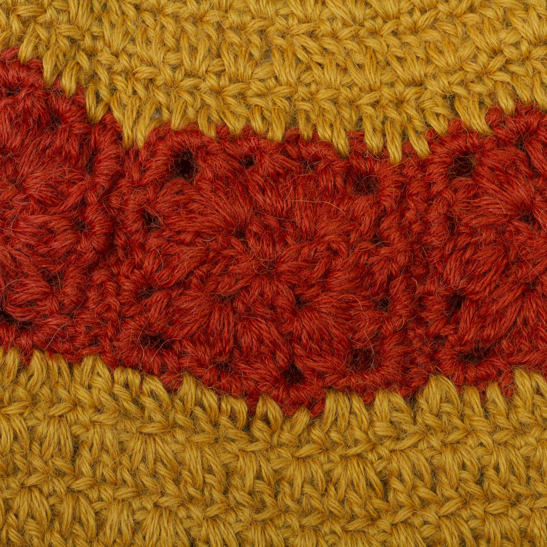 100% Alpaca Yellow and Red Hand Crocheted Flared Brim Hat - Harvest Field