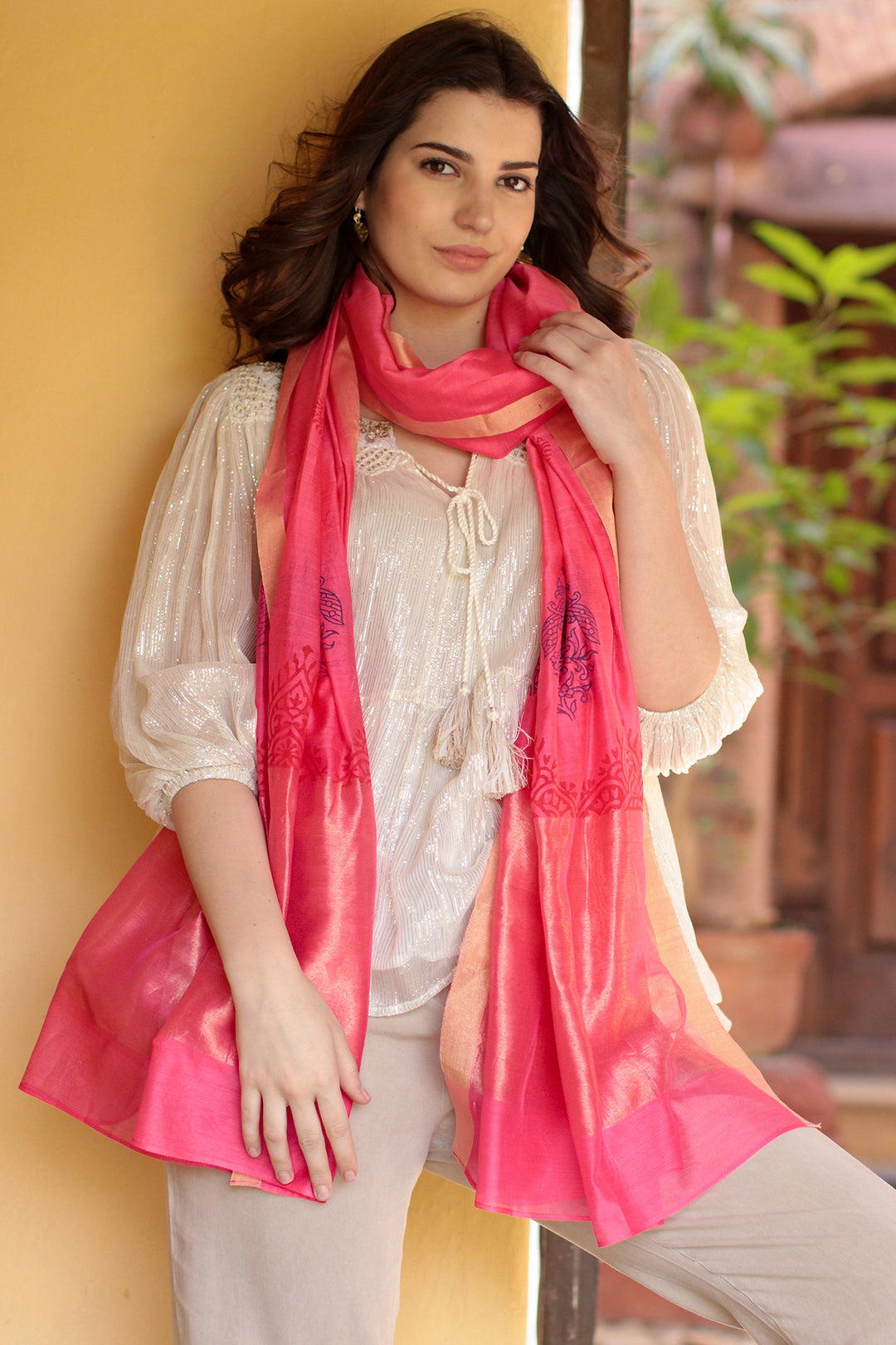 Block-Printed Cotton and Silk Shawl with Zari Embroidery - Zari Peacocks