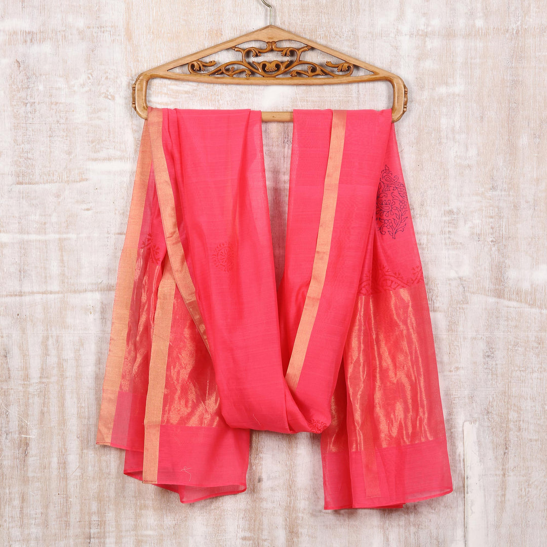 Block-Printed Cotton and Silk Shawl with Zari Embroidery - Zari Peacocks