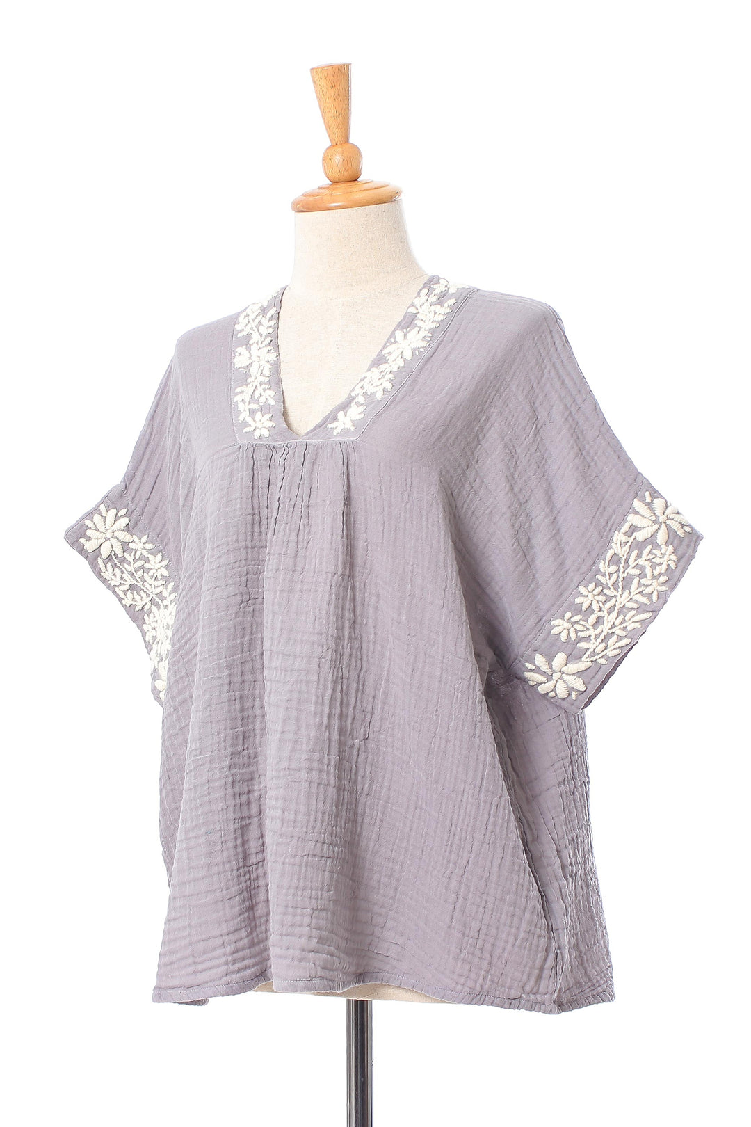 Floral Embroidered Cotton Blouse in Ash from Thailand - Classic Bloom in Ash