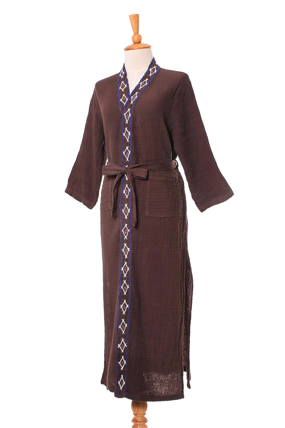 Diamond Embroidered Cotton Robe in Chestnut from Thailand - Nature Relaxation