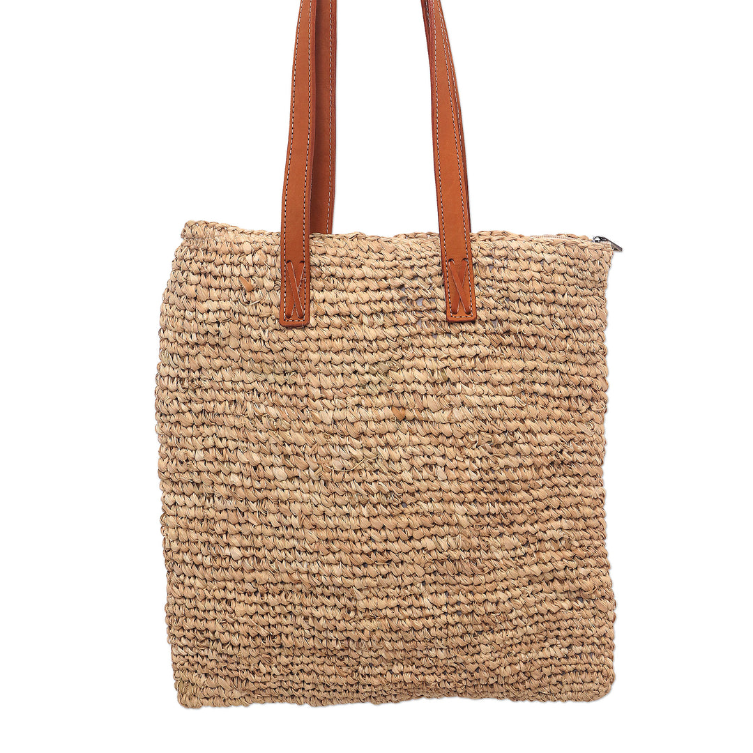 Leather Accented Natural Fiber Tote from Java - Natural Rectangle