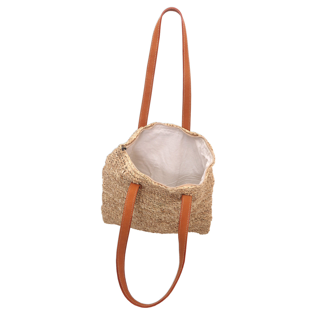 Leather Accented Natural Fiber Tote from Java - Natural Rectangle