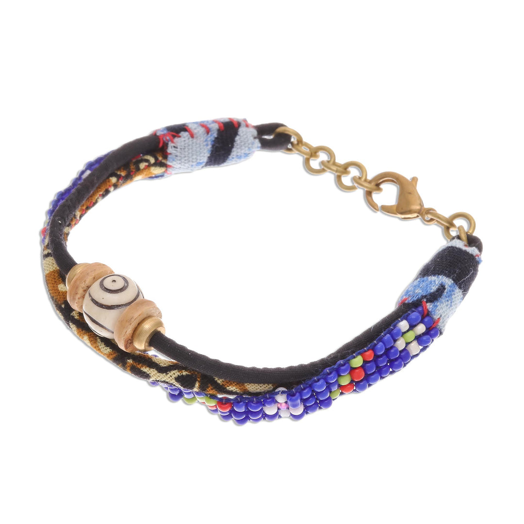 Glass and Cotton Beaded Strand Bracelet in Blue - Bohemian Friendship