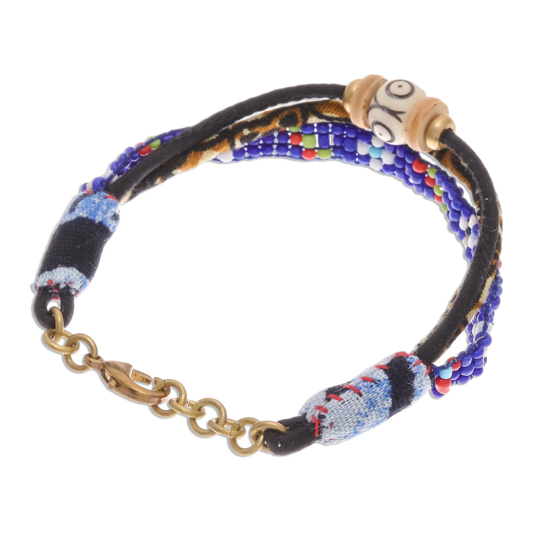 Glass and Cotton Beaded Strand Bracelet in Blue - Bohemian Friendship