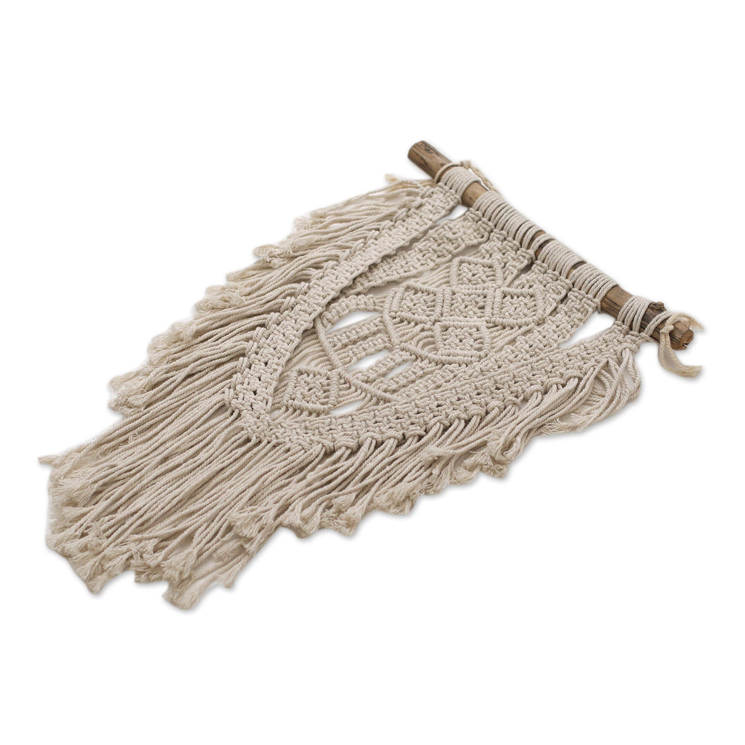 Macrame Cotton Wall Hanging in Ivory from Bali - Dawn in Tegalalang