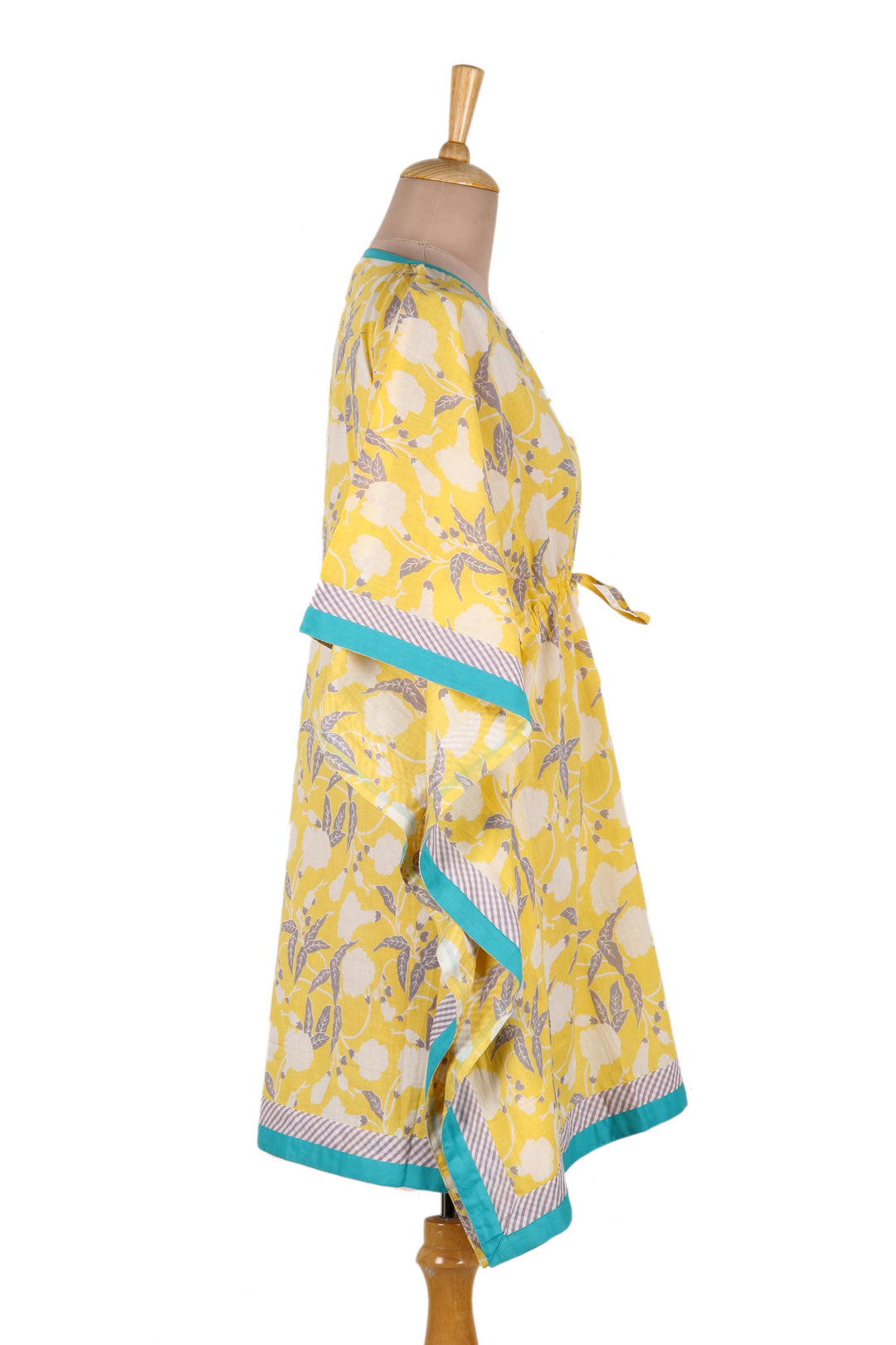 Hand Crafted Printed Cotton Caftan from India - Leaves in Sunshine