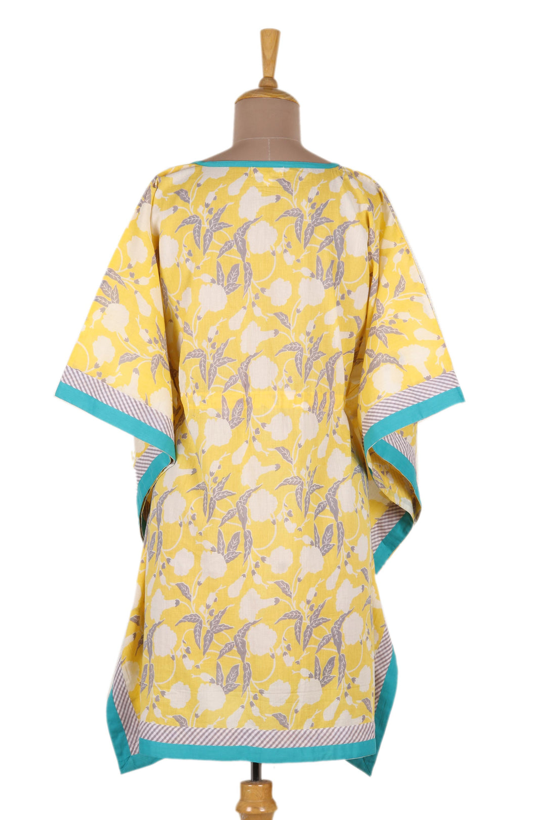 Hand Crafted Printed Cotton Caftan from India - Leaves in Sunshine