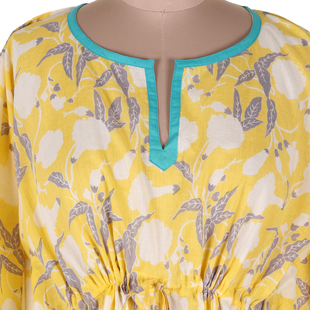 Hand Crafted Printed Cotton Caftan from India - Leaves in Sunshine