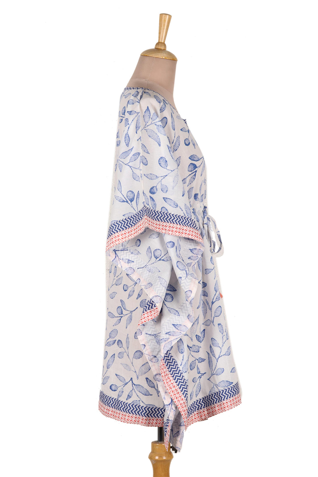 Hand Made Leaf-Themed Drawstring Cotton Caftan - Breezy Leaves