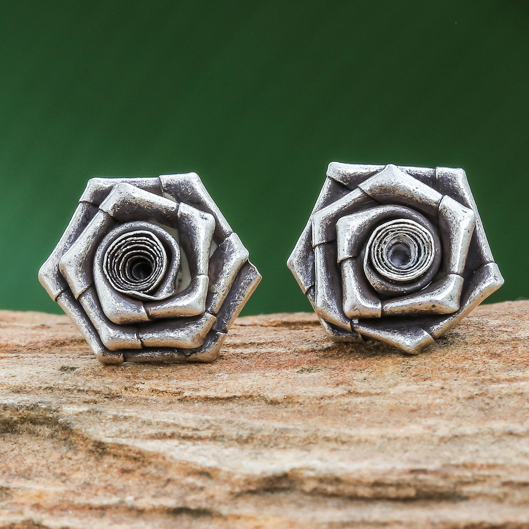 Thai Karen Hill Tribe Silver Flower Earrings - Origami Rose