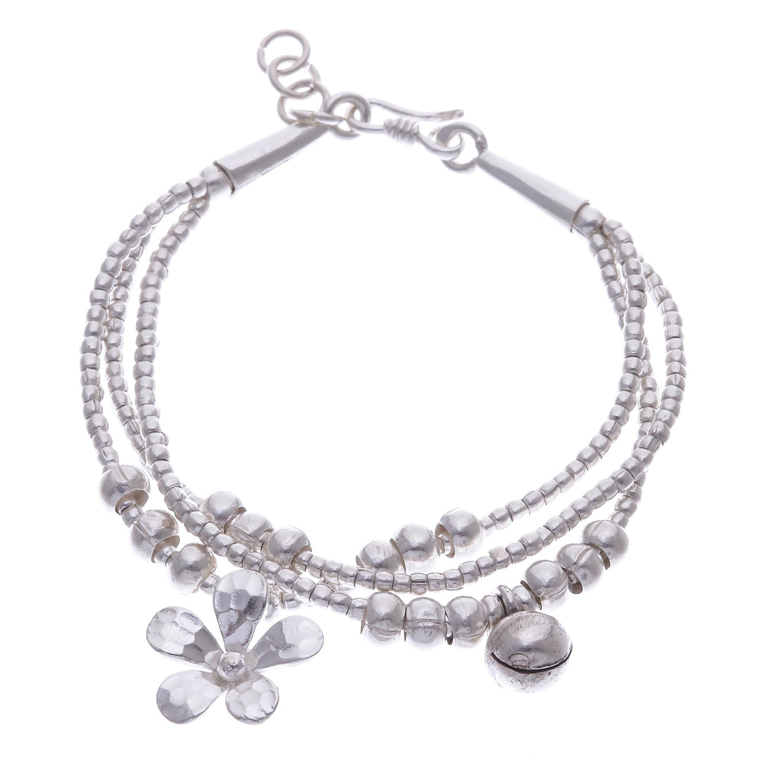 Thai Karen Hill Tribe Silver Floral Bracelet with a Bell - Singing Blossom