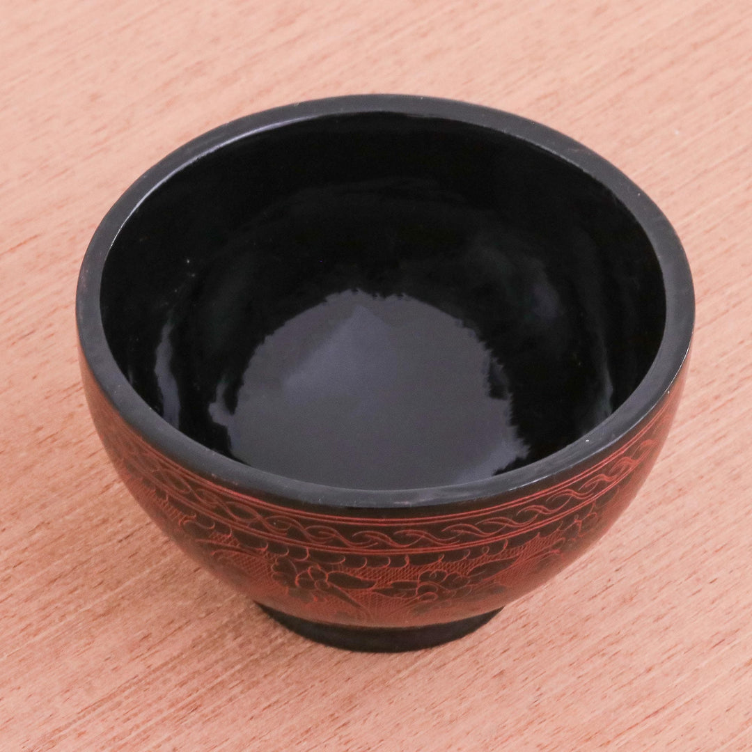 Handcrafted Red and Black Lacquered Bowl from Thailand - Red Floral Forest