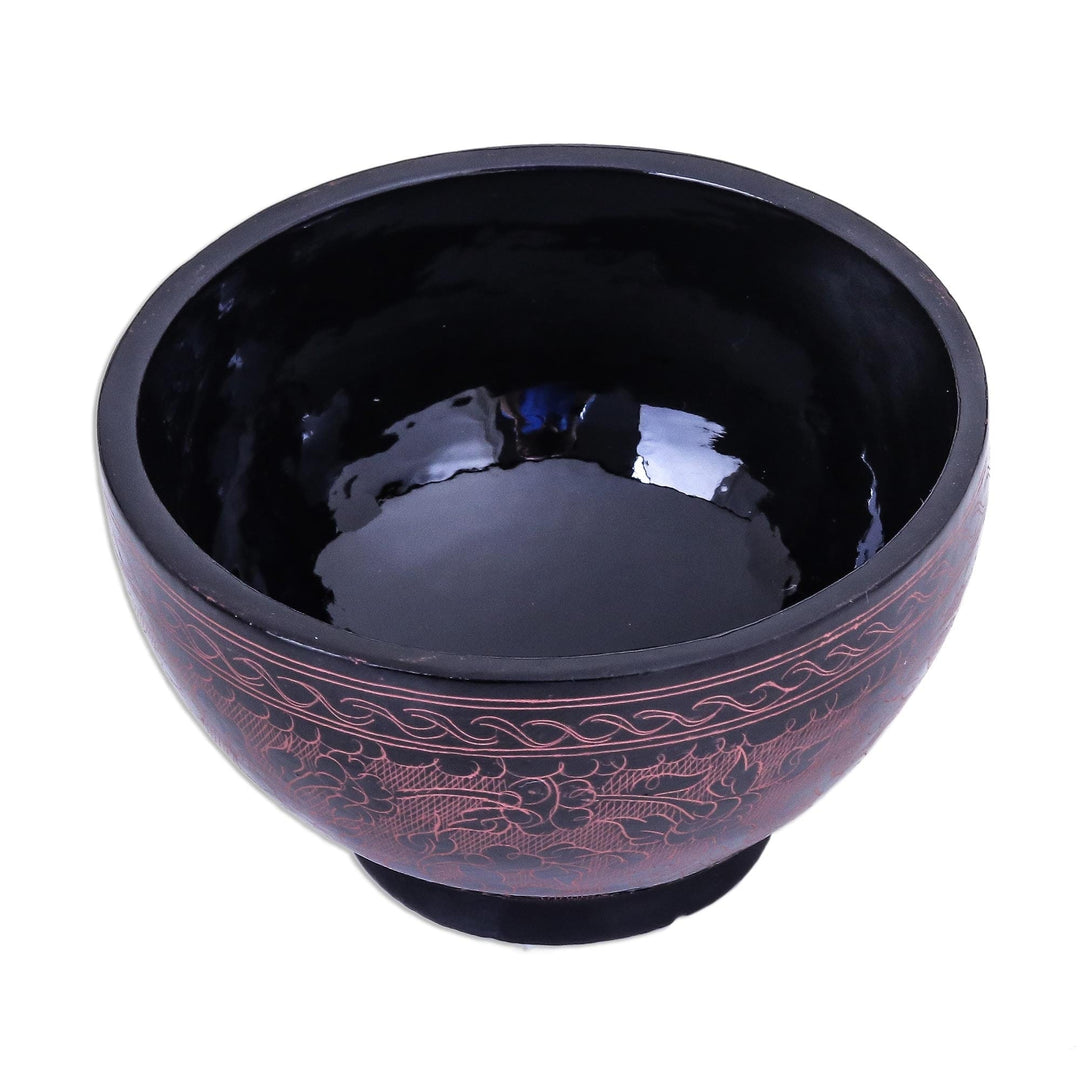 Handcrafted Red and Black Lacquered Bowl from Thailand - Red Floral Forest