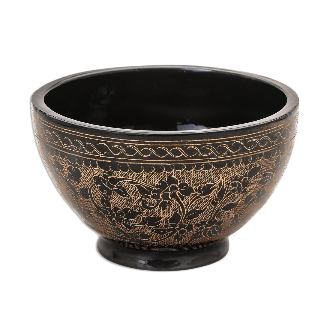 Handcrafted Brown and Black Lacquered Bowl from Thailand - Brown Floral Forest